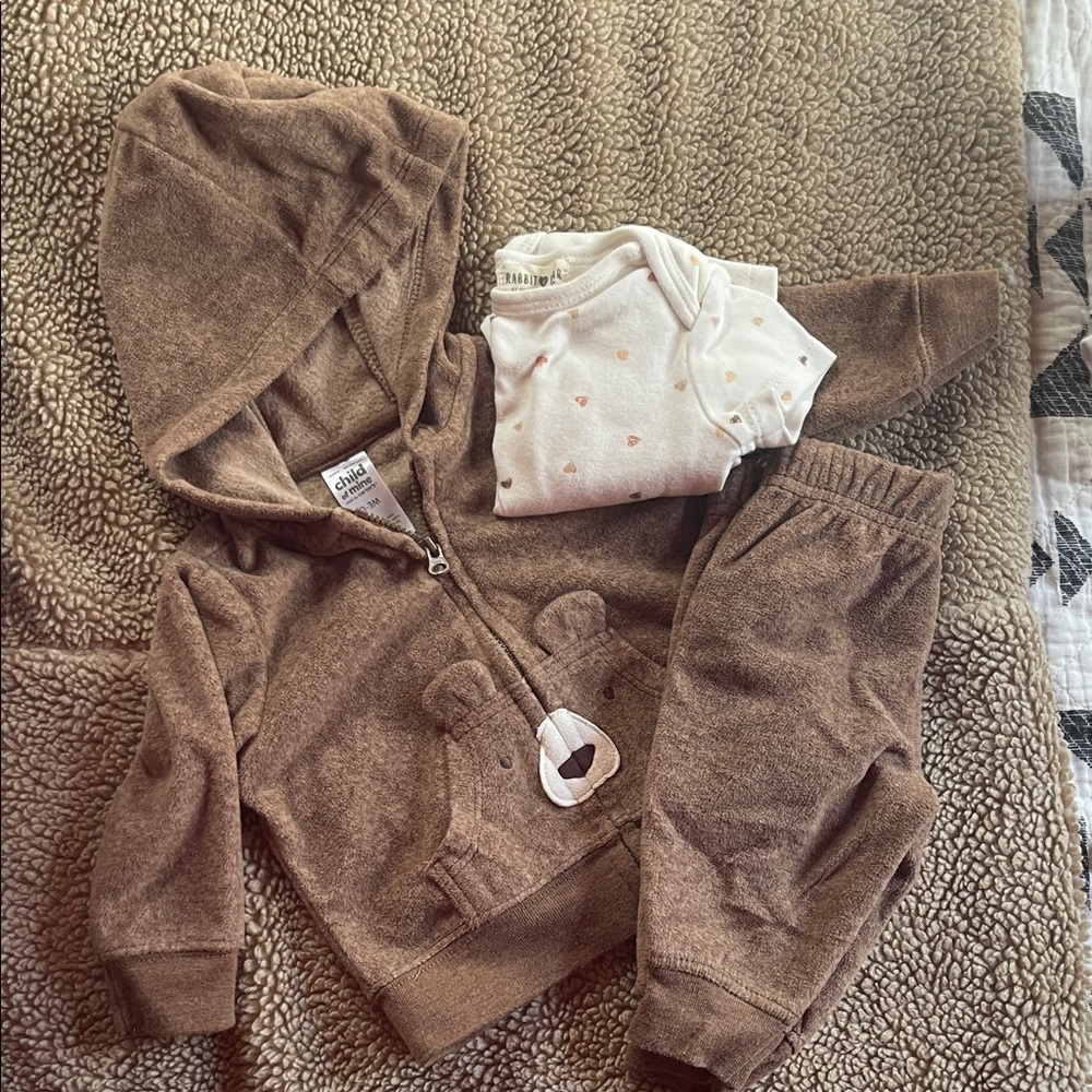 Adorable Brown Bear Hoodie Set with Heart Onesie
